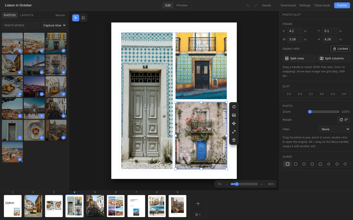 The Gallery 30 editor: a filmstrip of Lisbon pictures on the left, a page of three tiled doorways in the center with one slot selected, the slot inspector on the right, and the numbered page strip along the bottom.