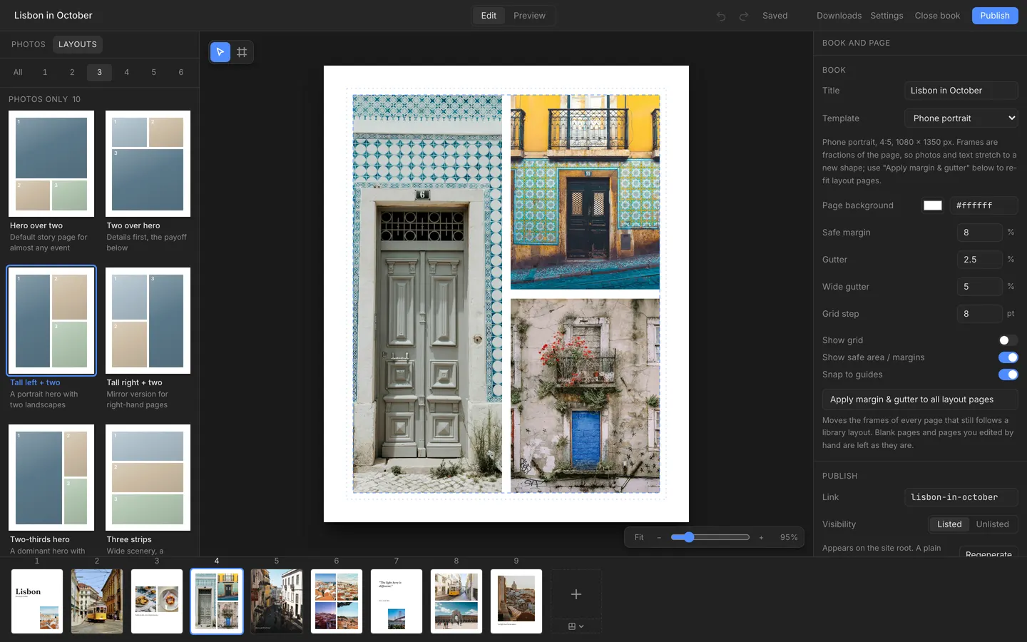 The Layouts tab filtered to three-photo layouts such as Hero over two and Tall left plus two, beside the page they apply to.