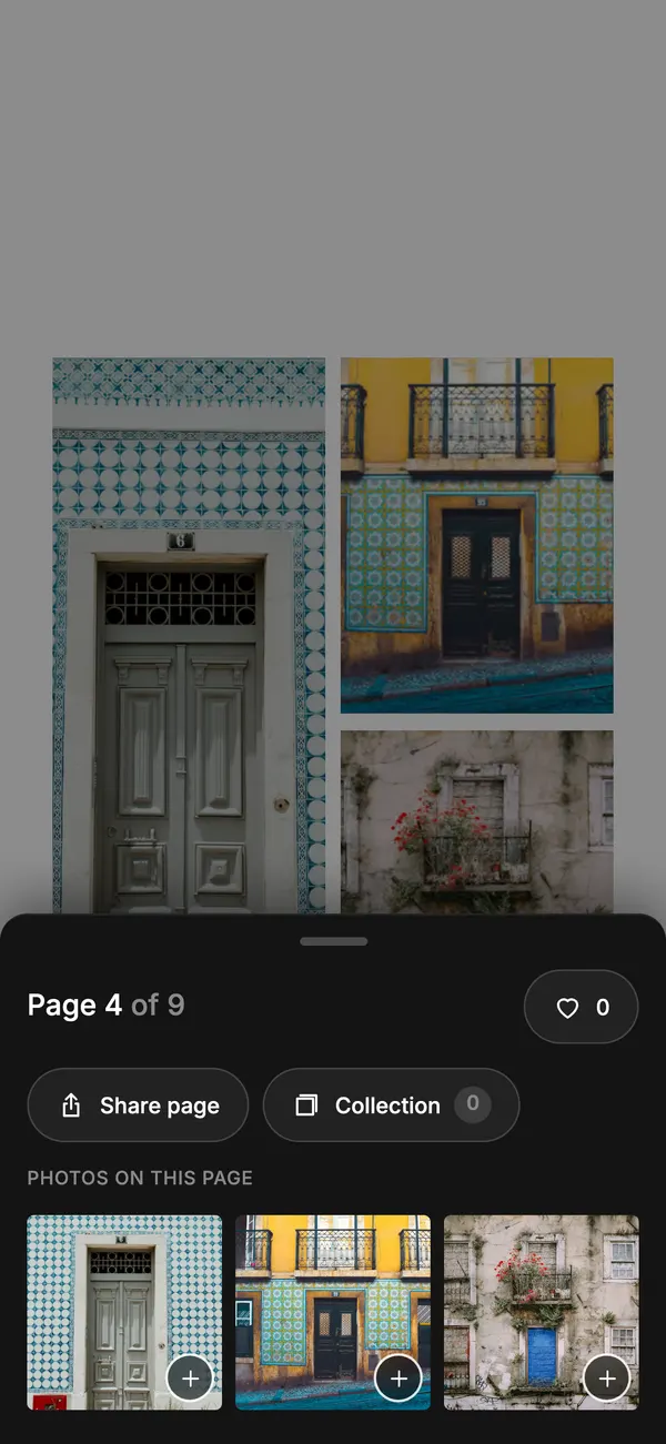 The reader drawer open over the page, with Like, Share page and Collection buttons and thumbnails of the three shots on that page.